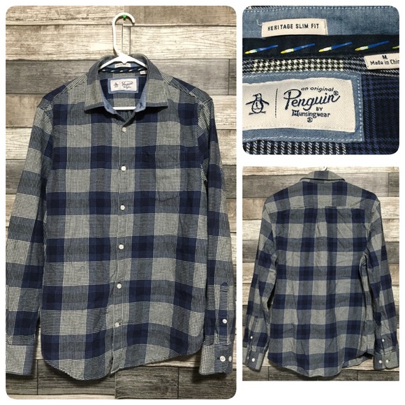 Penguin Heritage Slim Fit Flannel Shirt Men’s M Blue Black Plaid Button Up - Picture 1 of 9